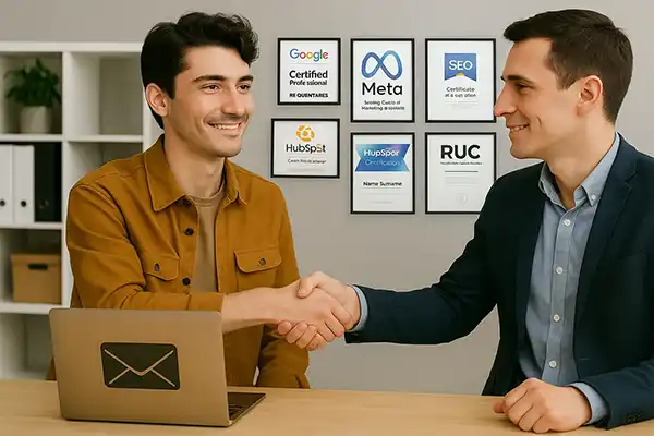 Diseñador dando la mano a cliente satisfecho en agencia de marketing digital, con certificados de Google, Meta, SEO y HubSpot en la pared.