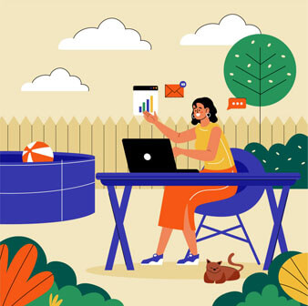 Ilustración de persona trabajando con laptop en oficina moderna - Banamailing